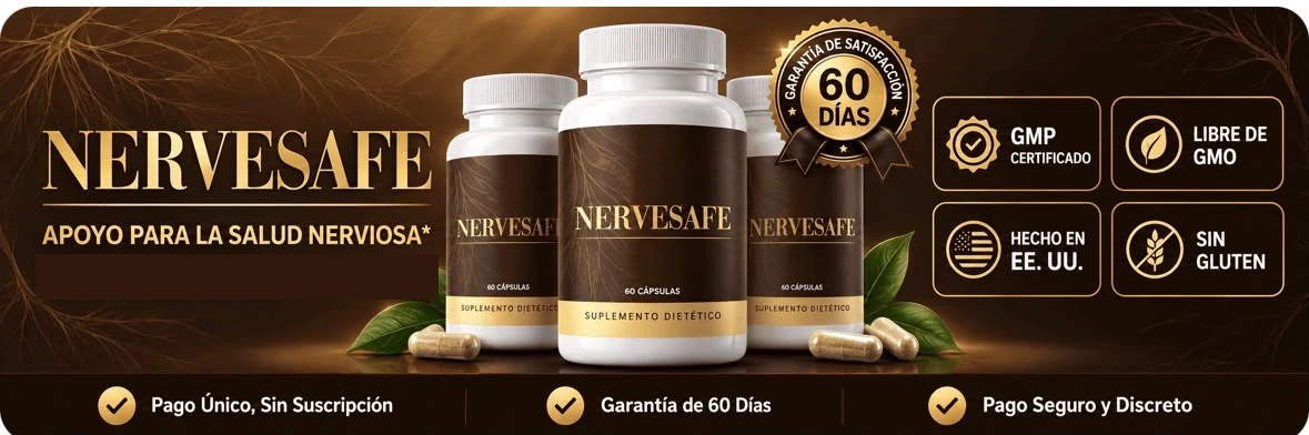 Tres frascos de NerveSafe, suplemento dietético, con información de garantía de satisfacción de 60 días